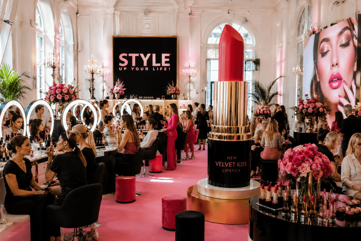 Beauty-Event von STYLE UP YOUR LIFE! in einem festlichen Saal mit Make-up-Plätzen, Gästen und überdimensionalem Lippenstift