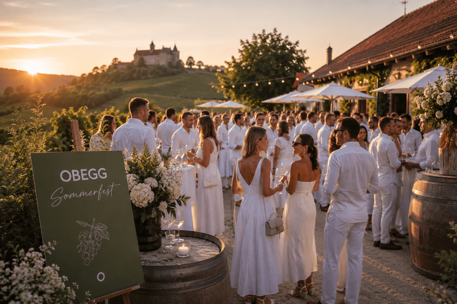 Gäste ganz in Weiß mit Gläsern im Freien bei Sonnenuntergang, links eine Tafel mit der Aufschrift „OBEGG Sommerfest“.