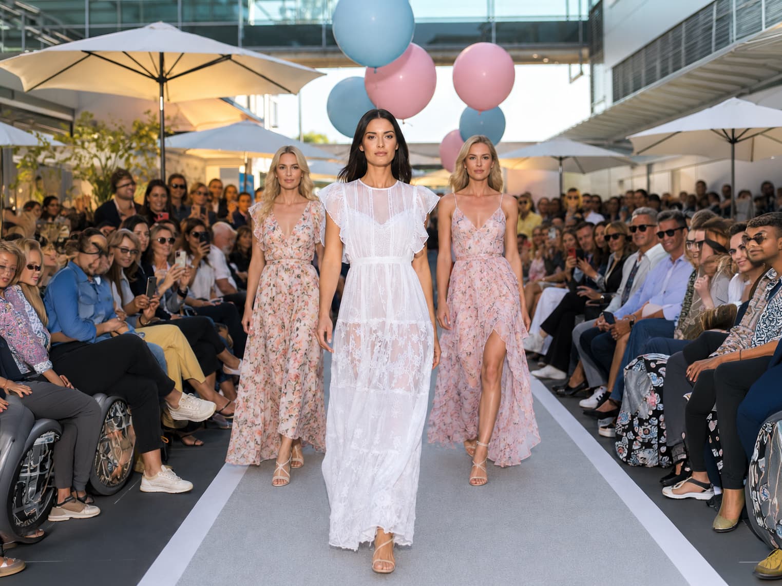 Drei Models in zarten Sommerkleidern gehen über einen Laufsteg im Freien, beidseitig sitzt das Publikum unter Sonnenschirmen