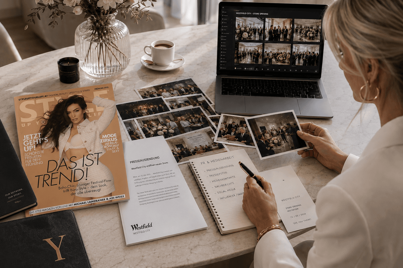 Eine Frau notiert Stichpunkte zu PR und Medienarbeit, auf dem Tisch Pressefotos, Presseaussendung, Laptop und das Magazin STYLE UP YOUR LIFE!