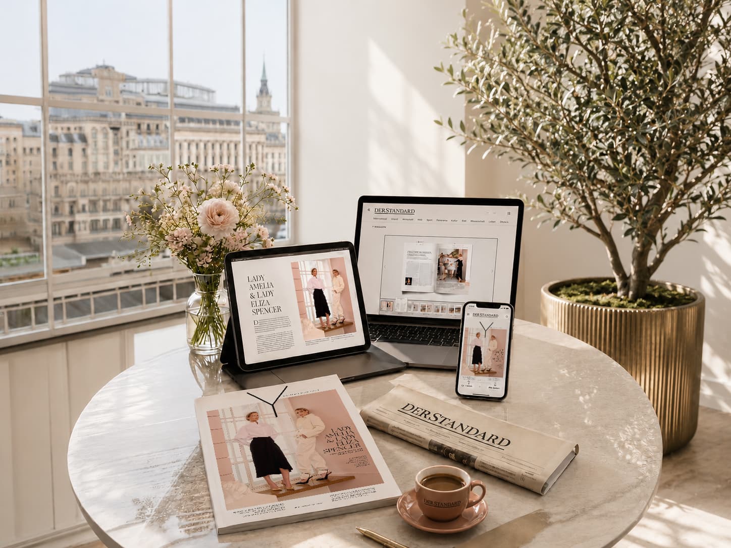 Y-Magazin als Heft sowie auf Tablet, Laptop und Smartphone, daneben die Zeitung DER STANDARD auf einem Tisch am Fenster.