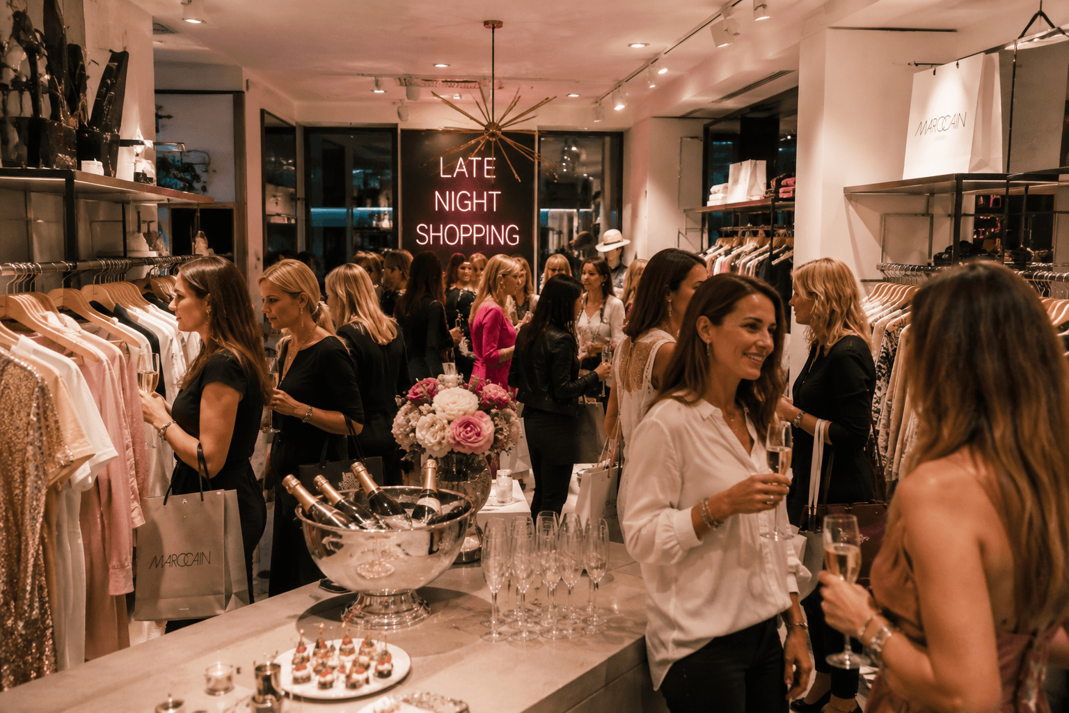 Gäste mit Sektgläsern in einer Boutique, im Hintergrund leuchtet ein Neonschriftzug „Late Night Shopping“ zwischen Kleiderstangen.