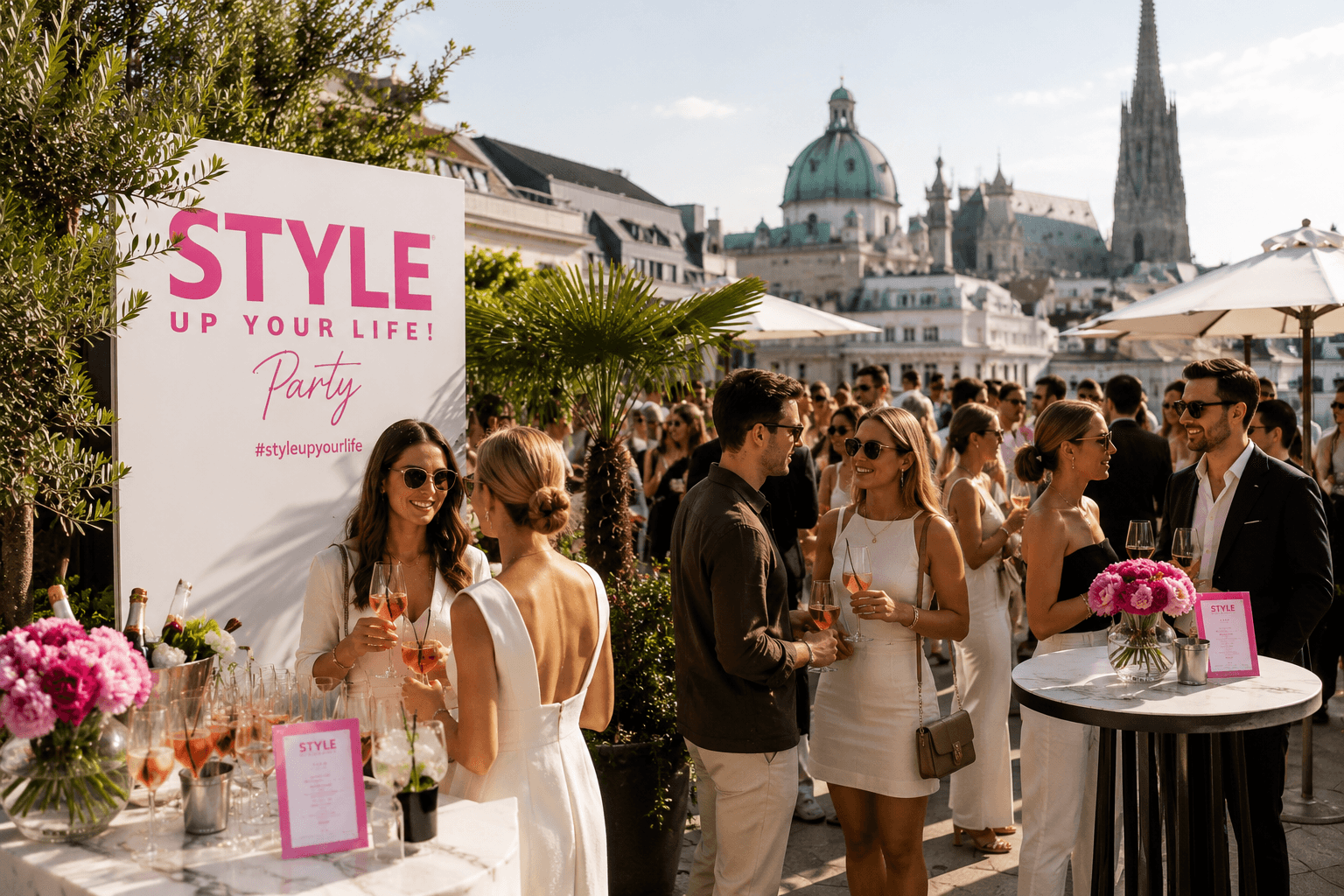 Gäste mit Cocktails vor dem Schild „STYLE UP YOUR LIFE! Party“ auf einer sonnigen Terrasse mit Blick auf Kuppel und Kirchturm