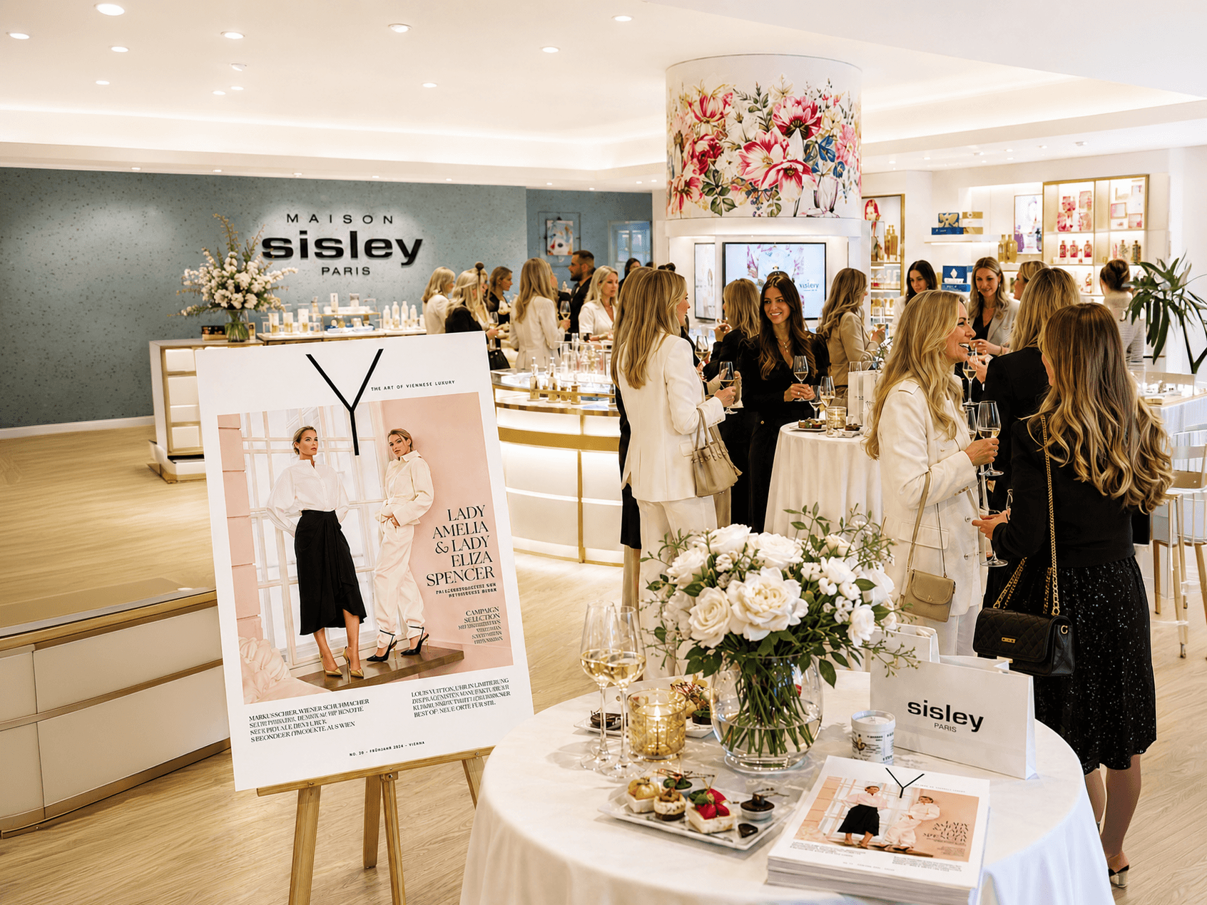 Gäste mit Sektgläsern bei einem Y-Event im Store von Maison Sisley Paris, vorne ein Plakat und Hefte des Y-Magazins.