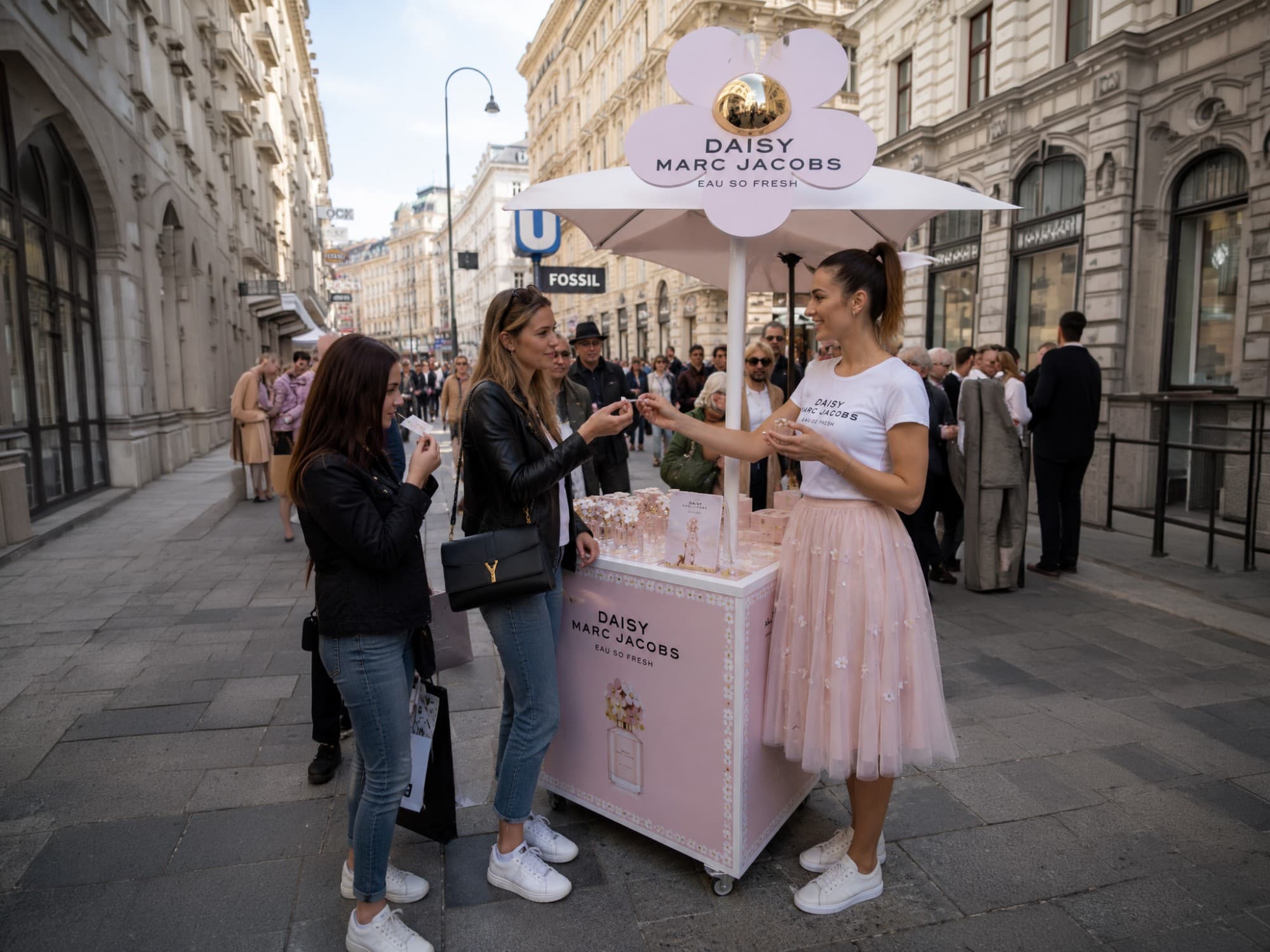 Promoterin im rosa Tüllrock spricht am Stand „Daisy Marc Jacobs Eau So Fresh“ unter blumenförmigem Schirm mit zwei Passantinnen