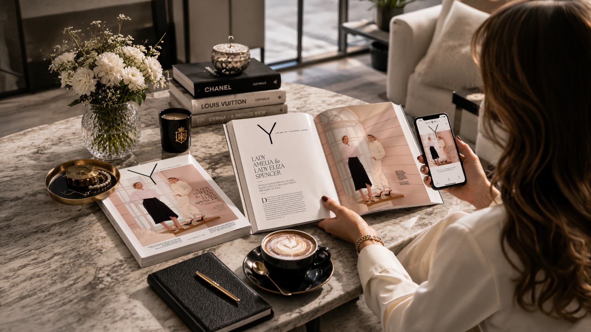 Eine Frau liest Y als gedrucktes Magazin am Marmortisch, auf ihrem Smartphone erscheint dieselbe Seite digital.