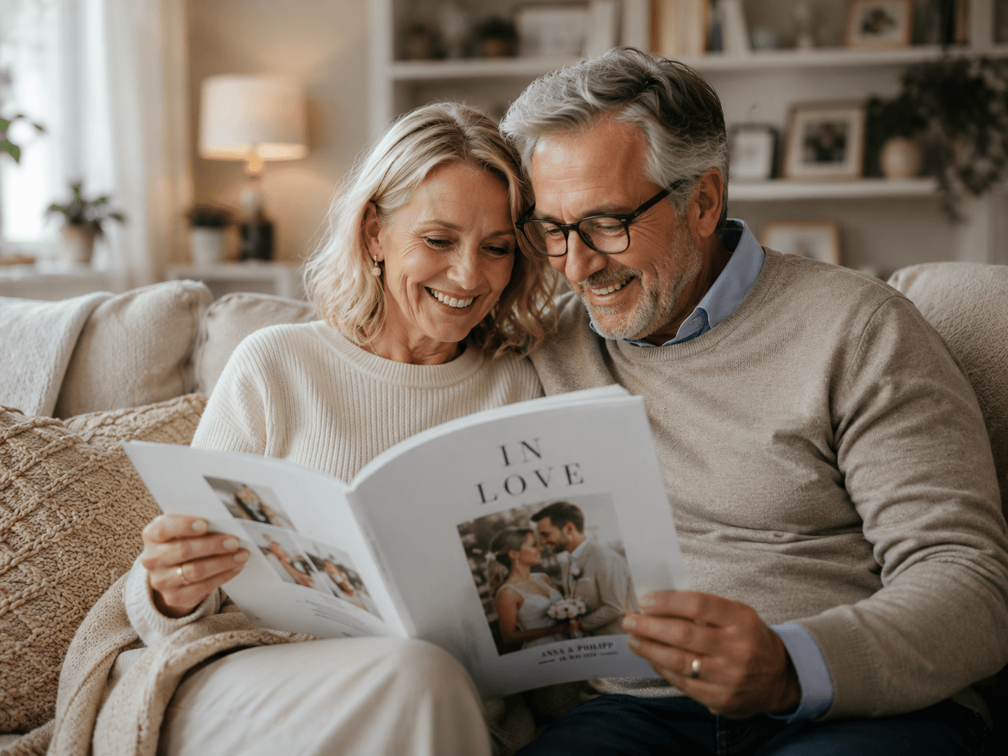 Ein älteres Paar blättert lächelnd auf dem Sofa in einem Hochzeitsmagazin mit dem Titel „In Love“.