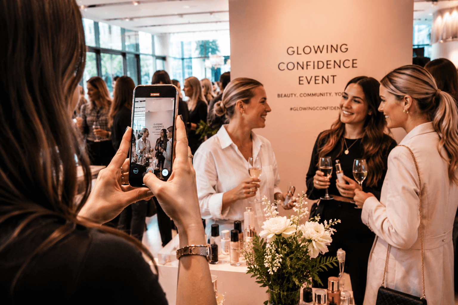 Gäste mit Gläsern vor der Wand „Glowing Confidence Event“, im Vordergrund fotografiert eine Frau die Szene mit dem Smartphone.