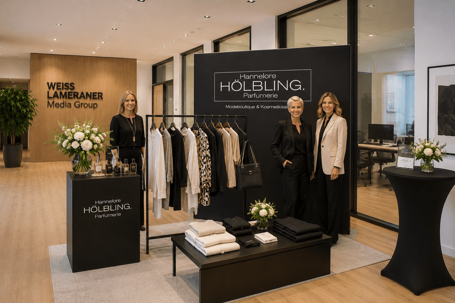 Pop-up-Store von Hannelore Hölbling Parfumerie mit Kleiderstange und Parfüms in den Räumen der Weiss & Lameraner Media Group, drei Frauen davor