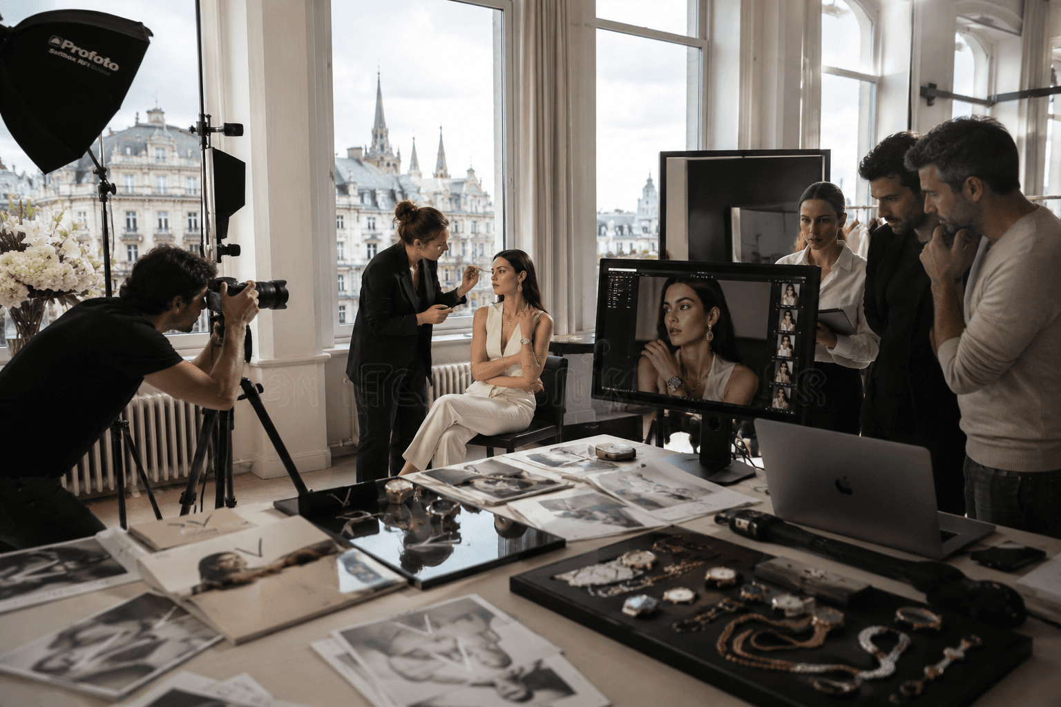 Fotoshooting mit Model, Fotograf und Team, das am Monitor die Aufnahmen prüft; auf dem Tisch liegen Uhren und Schmuck.