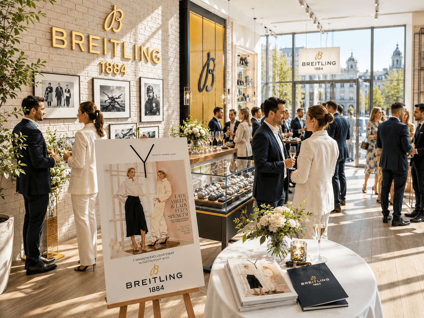 Gäste bei einem exklusiven Y-Event in Partnerschaft mit Breitling, vorne ein Plakat auf der Staffelei, dahinter eine Uhrenvitrine.