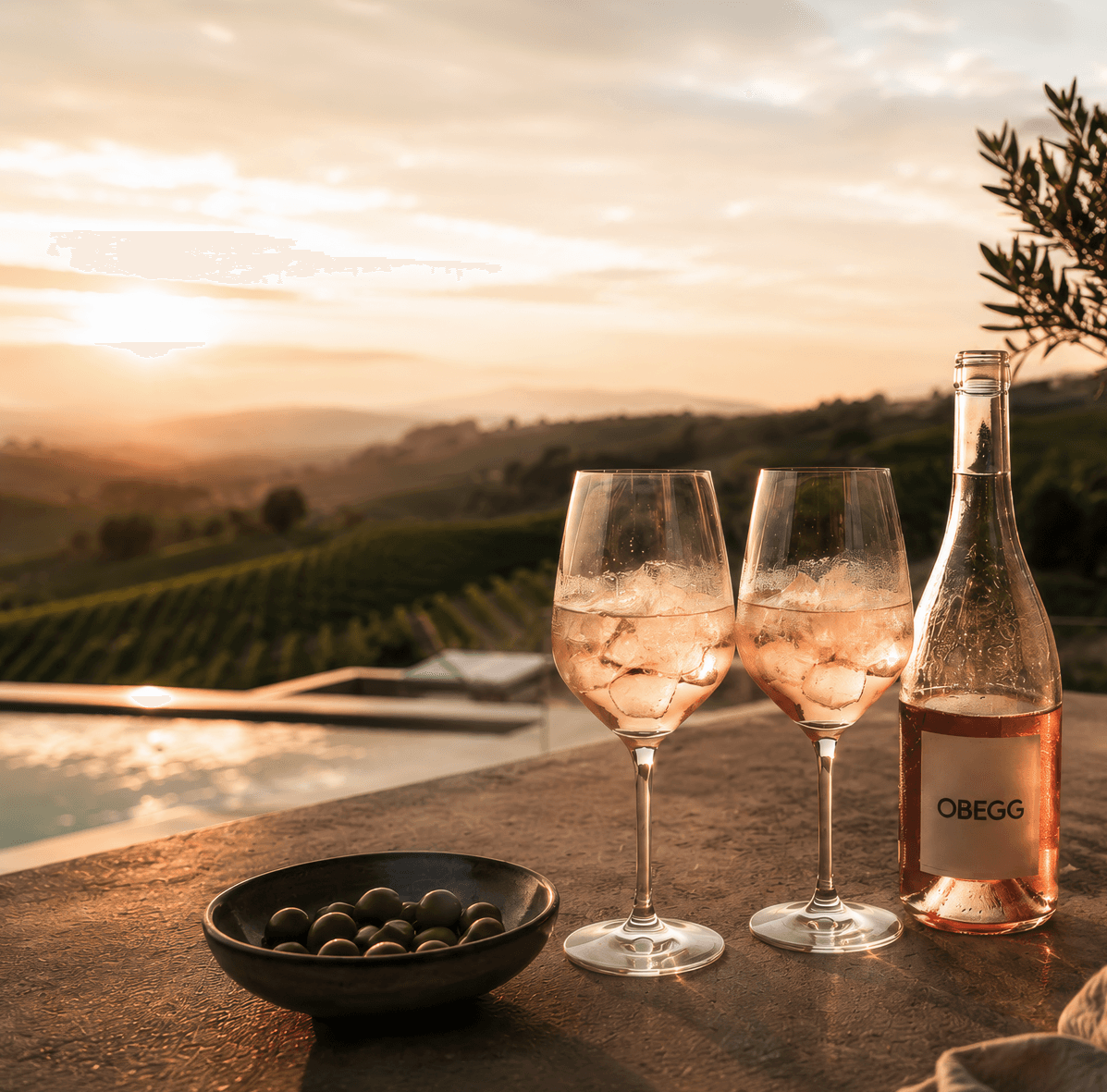 Zwei Gläser Rosé mit Eis, eine Flasche mit OBEGG-Etikett und eine Schale Oliven vor Weinbergen im Abendlicht