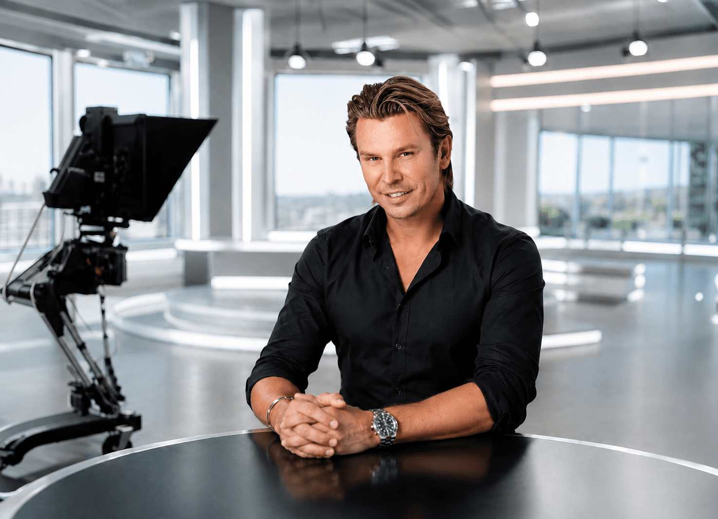 Adi Weiss im schwarzen Hemd an einem Studiotisch, im Hintergrund eine Kamera mit Teleprompter in einem hellen TV-Studio