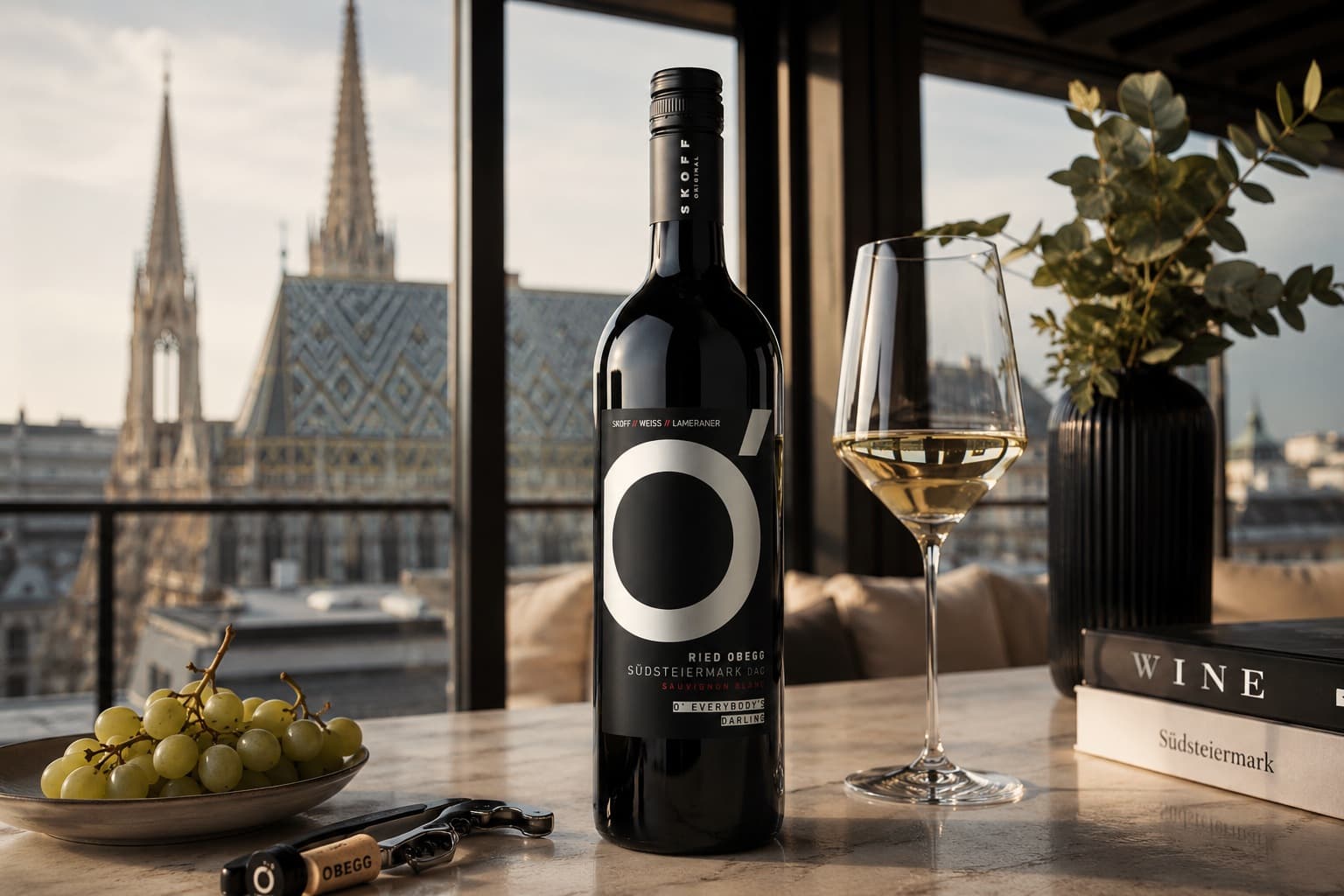 Weinflasche „O’ Everybody’s Darling“, Ried Obegg Südsteiermark DAC Sauvignon Blanc, neben Weißweinglas und Trauben vor einer Stadtkulisse.