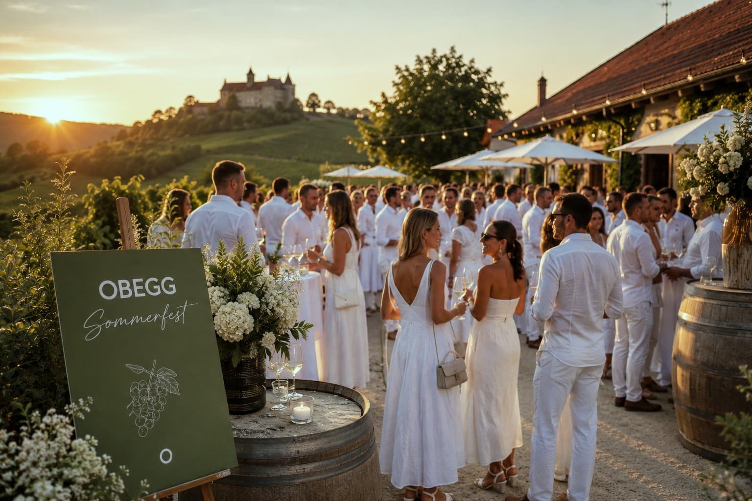 Gäste ganz in Weiß mit Gläsern im Abendlicht, links ein Schild „OBEGG Sommerfest“, im Hintergrund ein Hügel mit Schloss
