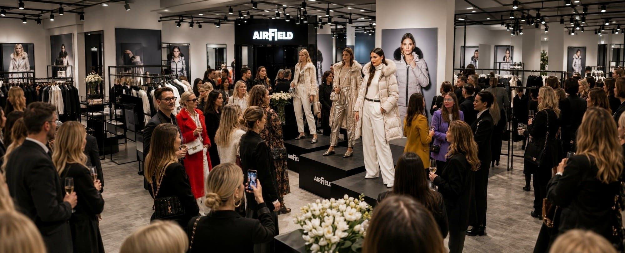 Fashion Show im AIRFIELD-Store: Models in hellen Jacken und Mänteln auf schwarzen Podesten, umringt von Gästen