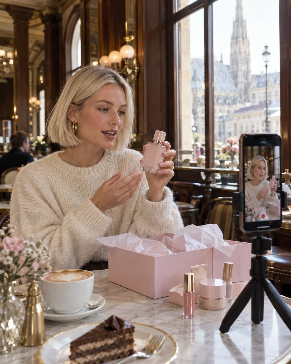 Frau im Kaffeehaus präsentiert ein rosa Parfumflakon vor einem Smartphone auf Stativ, davor Cappuccino, Kuchen und Kosmetik
