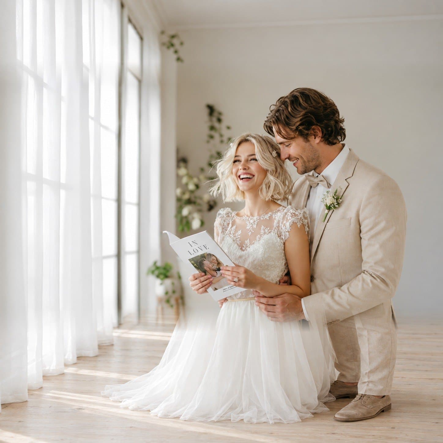 Lachende Braut im Spitzenkleid hält ein Hochzeitsmagazin mit dem Titel „In Love“, hinter ihr der Bräutigam im beigen Anzug