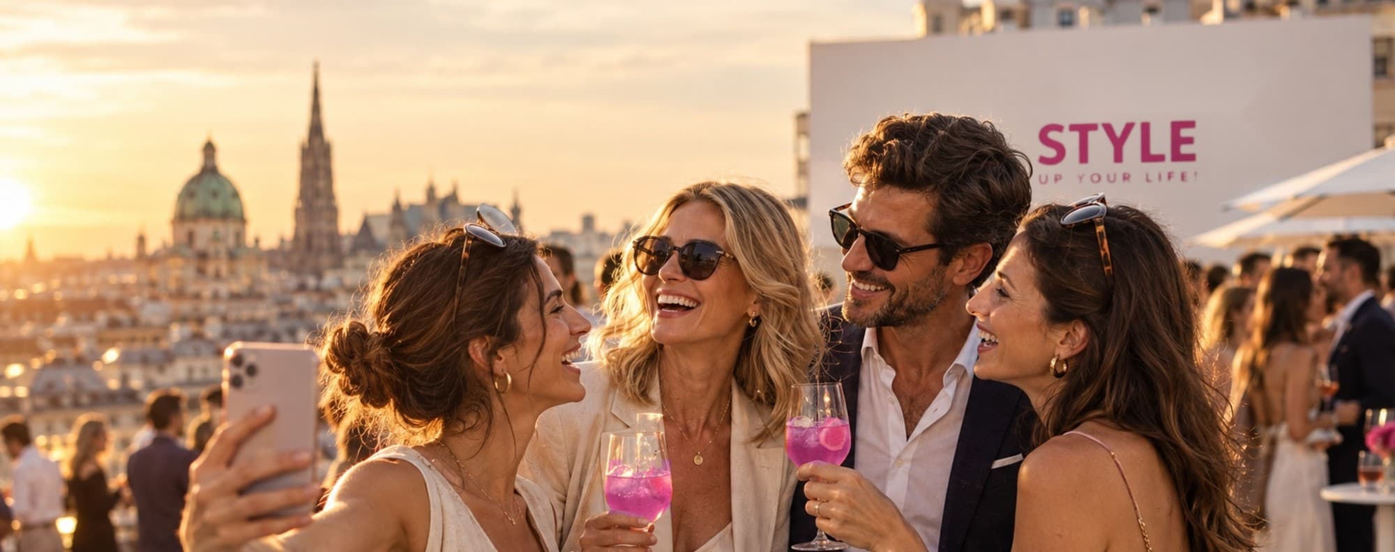 Gutgelaunte Gäste machen bei Sonnenuntergang ein Selfie auf einer Terrasse, mit rosa Drinks und dem Schriftzug STYLE UP YOUR LIFE!