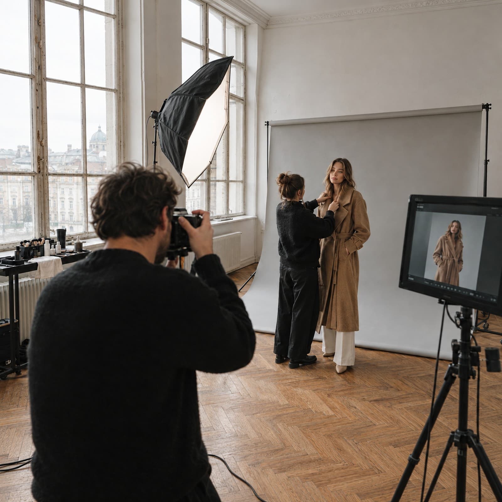 Shooting im Studio: Fotograf, Stylistin und Model, Blick über Wien