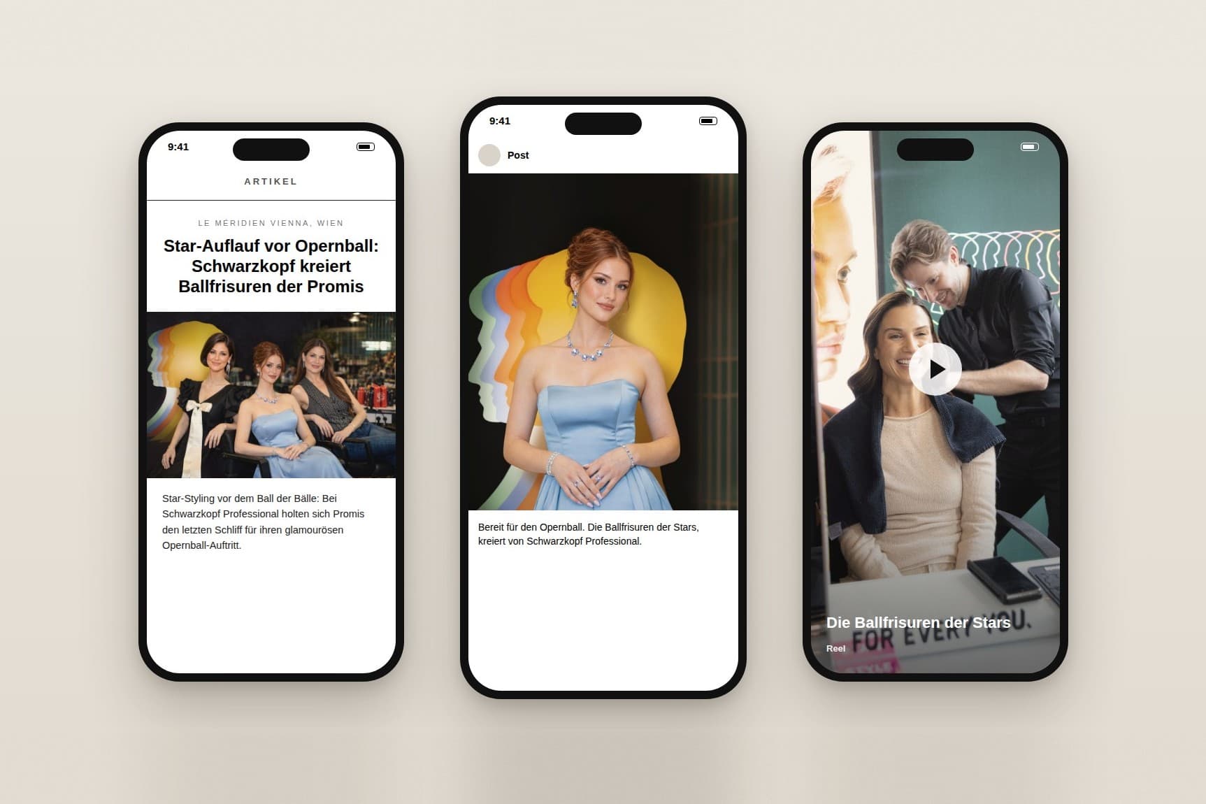 Schwarzkopf Professional: Artikel, Post und Reel zu den Ballfrisuren auf drei Smartphones