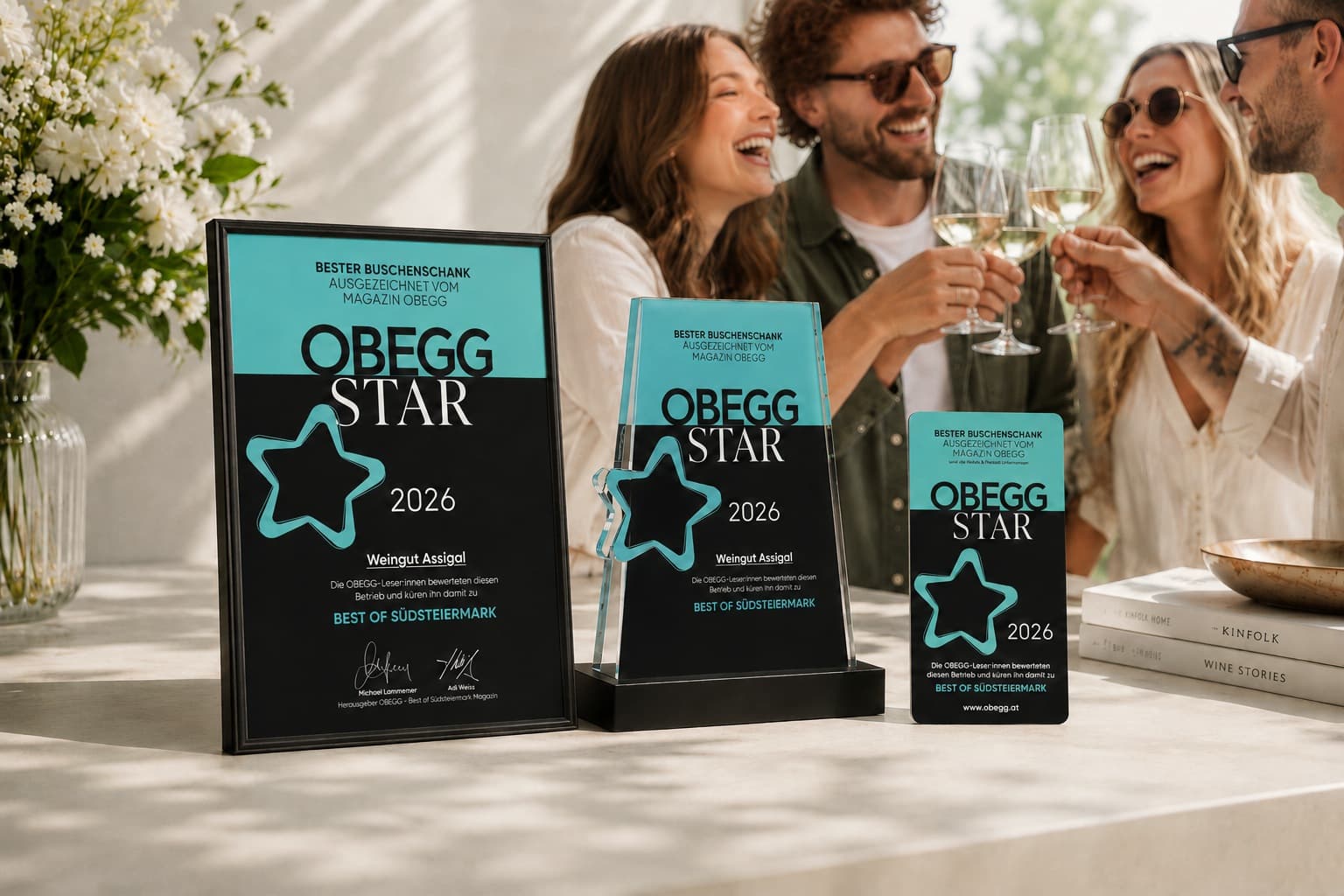 Urkunde, Trophäe und Karte zum OBEGG STAR 2026 „Bester Buschenschank“, dahinter Gäste, die mit Weißwein anstoßen.